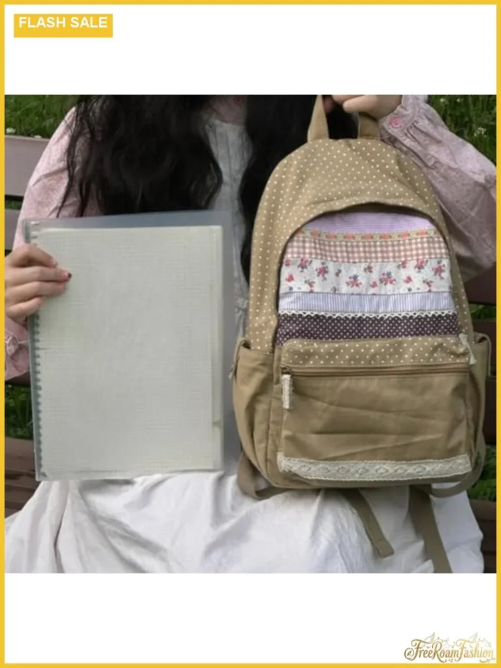 Floral Print Canvas Backpack with Polka Dots Kawaii Shoulder Bag Lace Vintage
